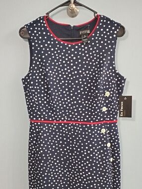 NWT Enfocus Studio Navy and White Polka Dot Midi Dress with Red Trim Size 8